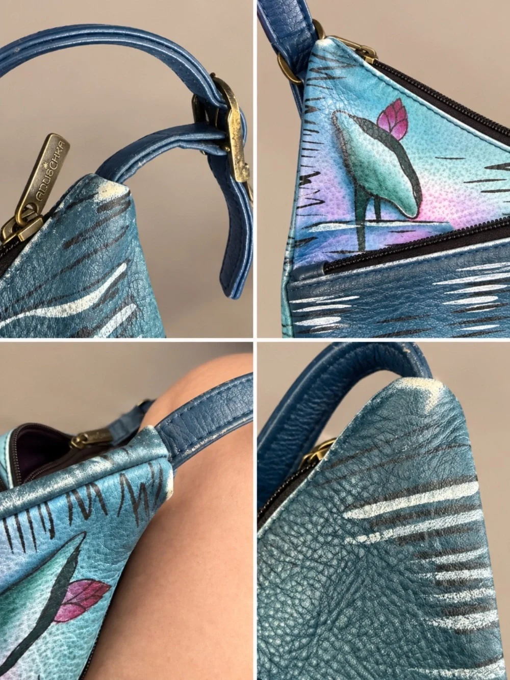 Anuschka Hand Painted Leather Koi Fish Lotus Hobo Shoulder Bag